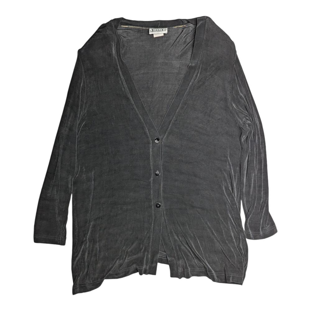 Vtg 1990s Vikki Vi Black Minimal Slinky Stretch Jersey Button Up Cardigan 1X